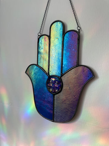 Hamsa Suncatcher - Iridescent Blue Moon