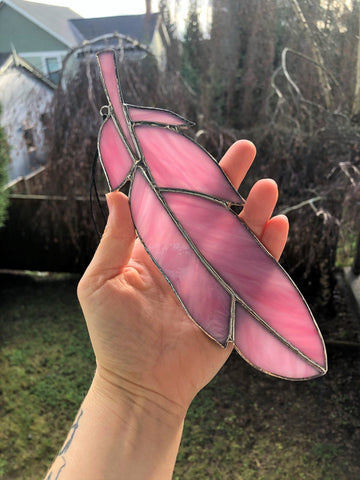 Stained Glass Feather Suncatcher - Pink Wispy - 8"