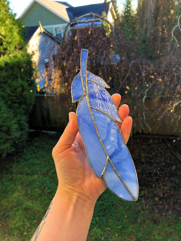 Stained Glass Feather Suncatcher - Light Blue Textured - 8"