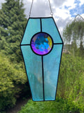 Coffin Suncatcher - Iridescent Turquoise with Rainbow Jewel