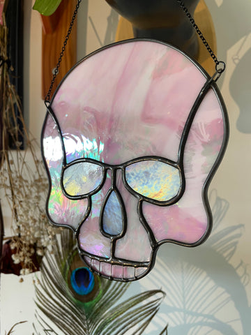 Skull Suncatcher - Pink Iridescent with White Accents