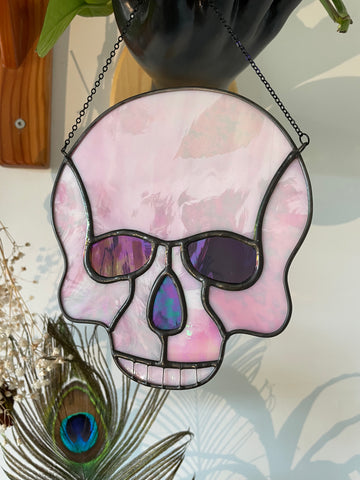 Skull Suncatcher - Pink Iridescent with Purple Accents