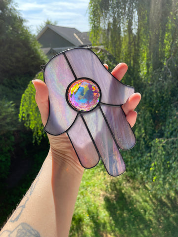 Hamsa Suncatcher - Iridescent Lilac with Double Faceted Rainbow Jewel