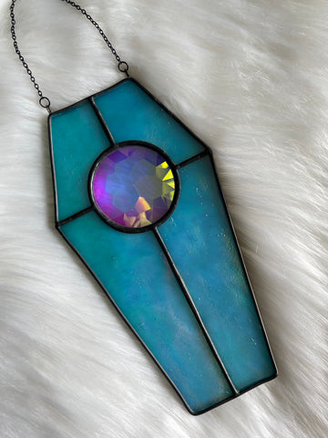 Coffin Suncatcher - Iridescent Turquoise with Rainbow Jewel